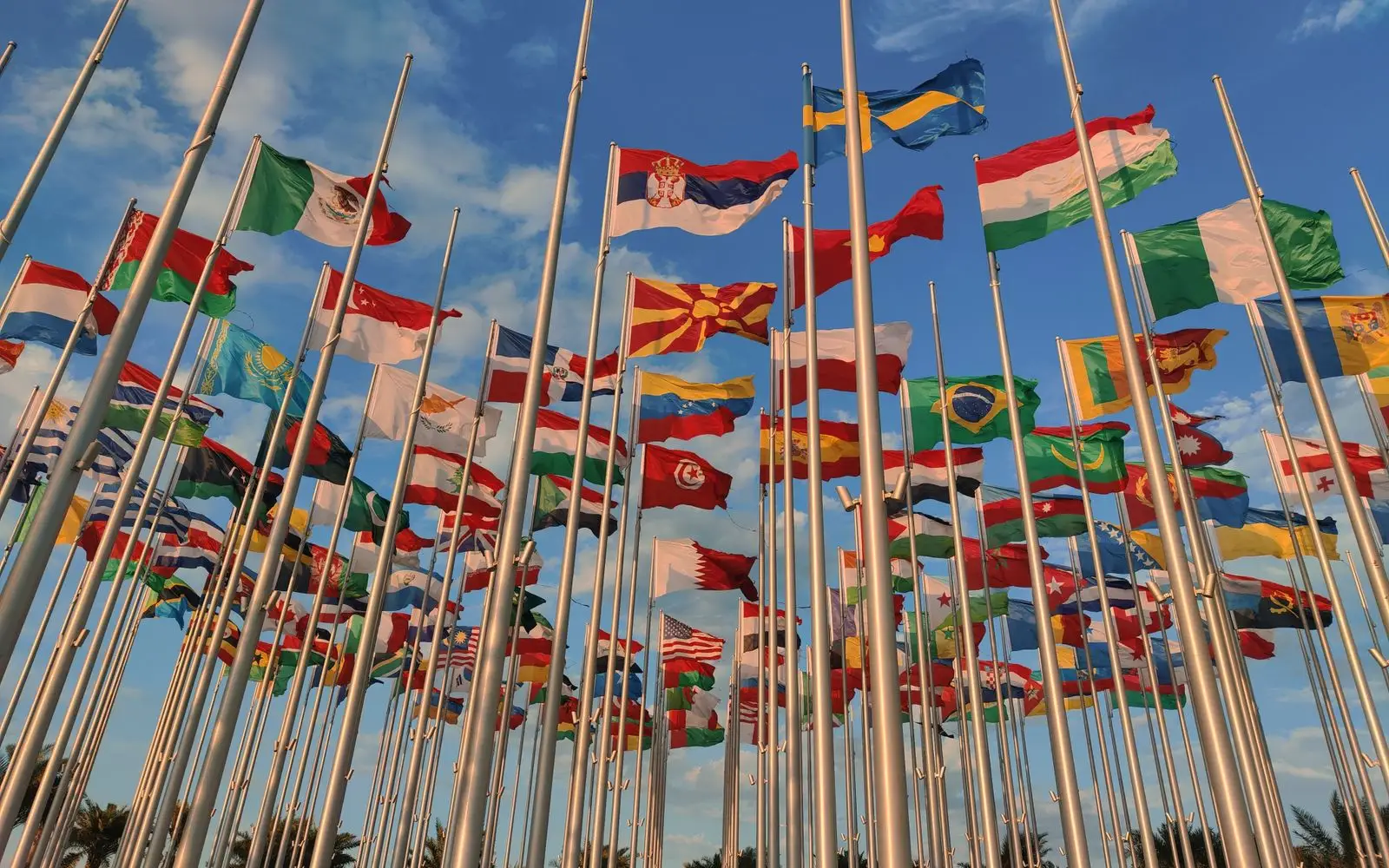 Diversas bandeiras de países diferentes hasteadas lado a lado