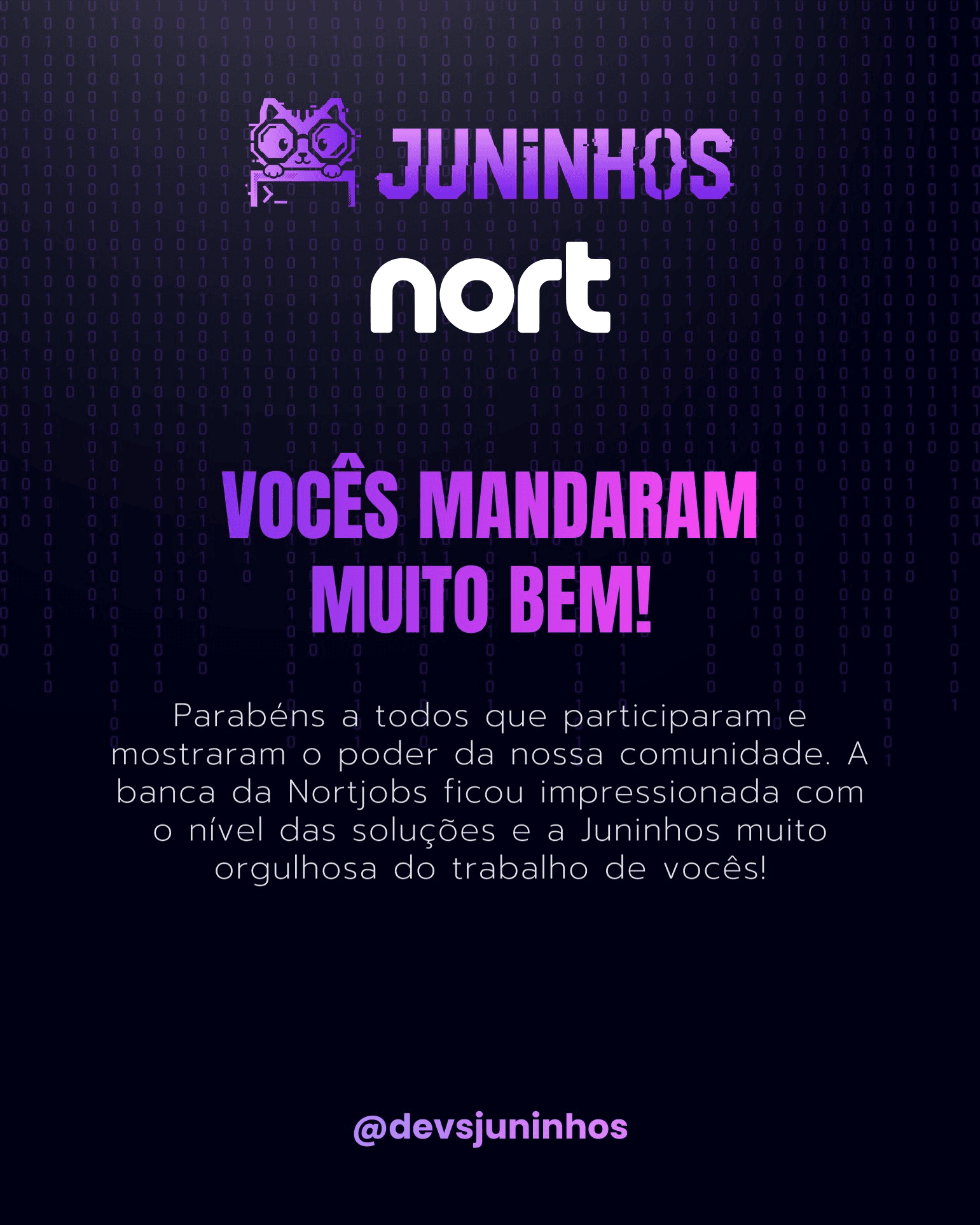 Mensagem da Juninhos e da Nort parabenizando todas as pessoas que participaram do Hackathon